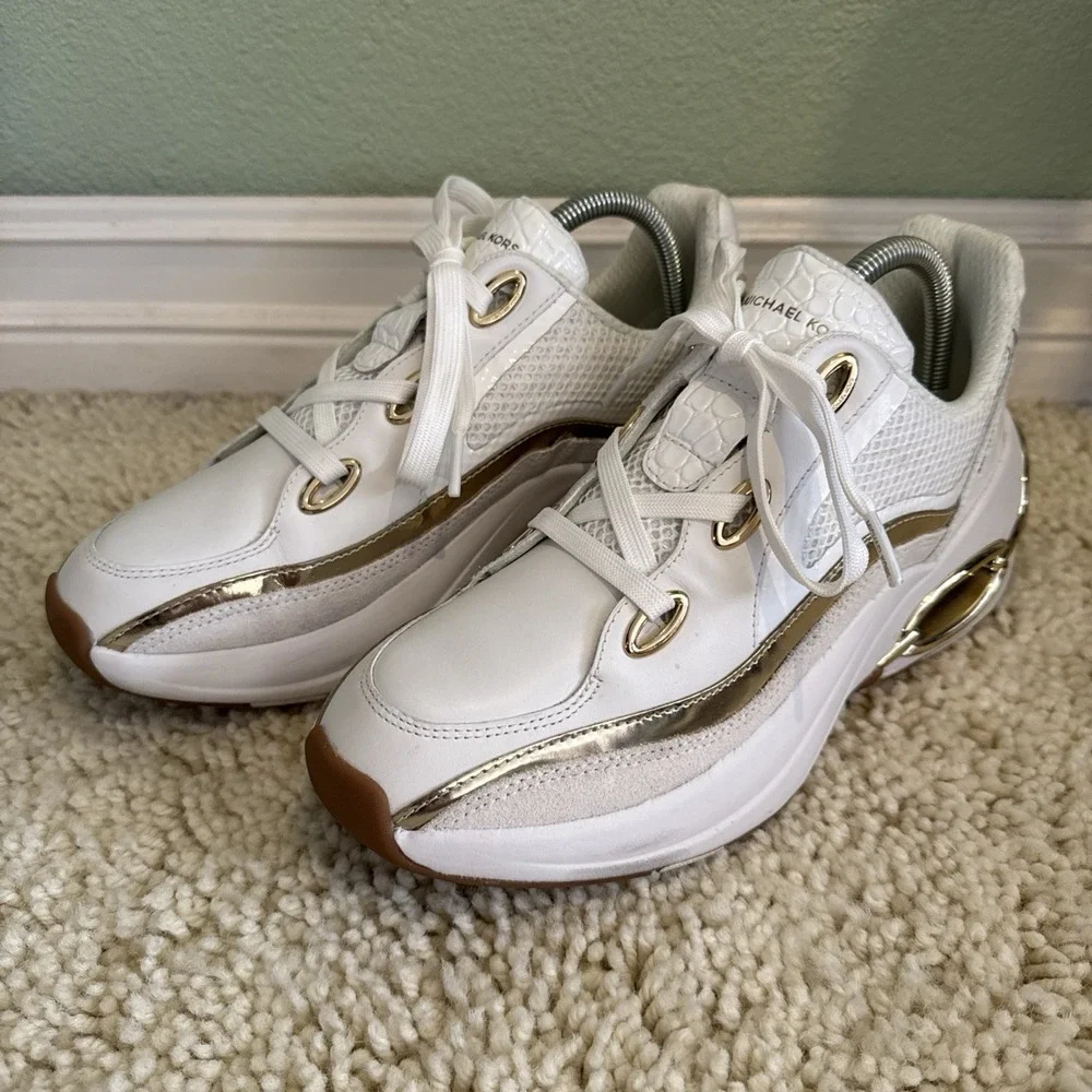 Michael Kors Toni Trainer White Gold Women's Athletic Sneakers 9 Designer Bling